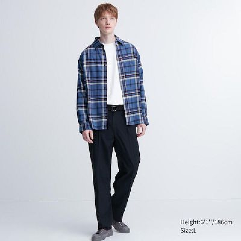 Camisas Uniqlo Flannel Checked Long-Sleeve Hombre Azules | 893512_PE