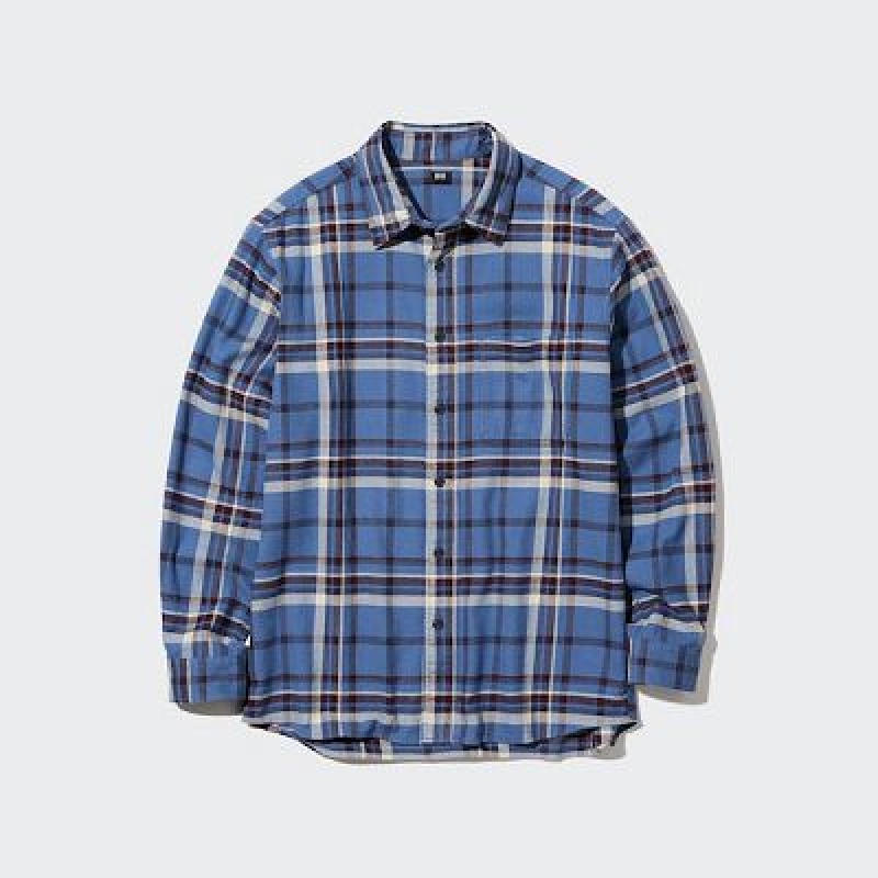 Camisas Uniqlo Flannel Checked Long-Sleeve Hombre Azules | 893512_PE