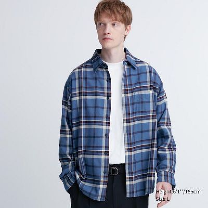 Camisas Uniqlo Flannel Checked Long-Sleeve Hombre Azules | 893512_PE