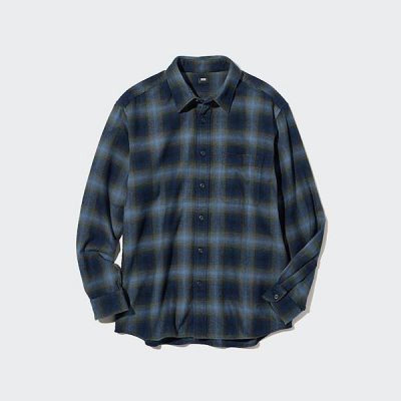 Camisas Uniqlo Flannel Checked Long-Sleeve Hombre Azules | 468132_PE