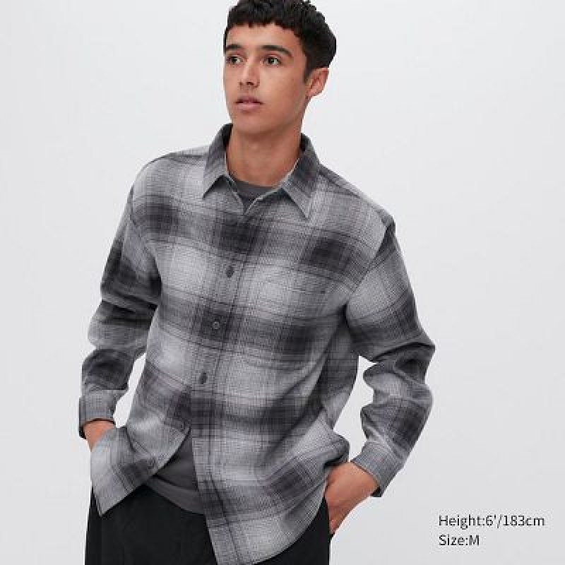 Camisas Uniqlo Flannel Checked Long-Sleeve Hombre Gris | 481276_PE