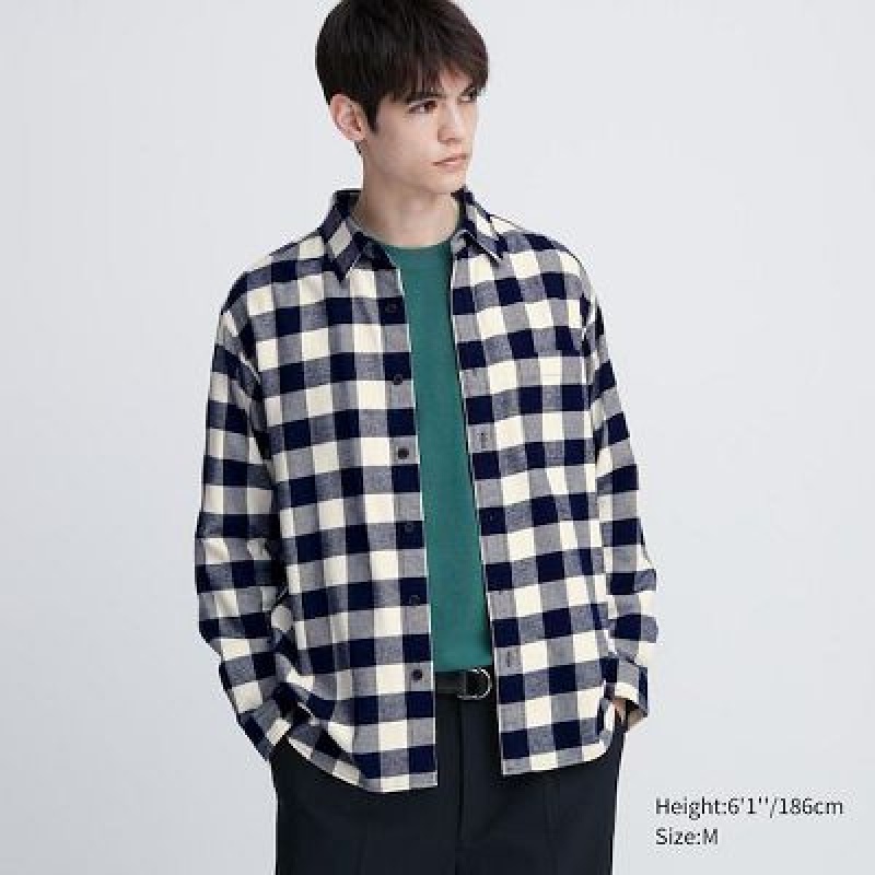 Camisas Uniqlo Flannel Checked Long-Sleeve Hombre Blancas | 238769_PE