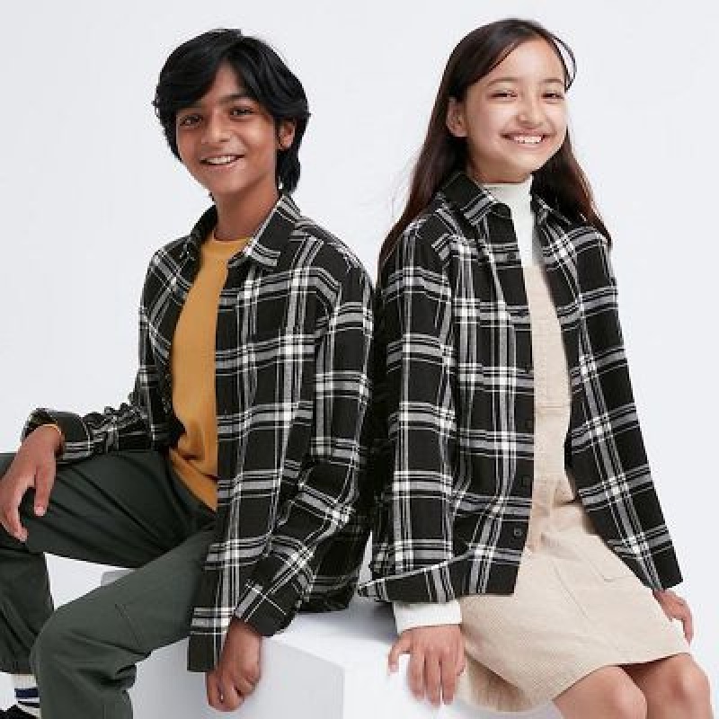 Camisas Uniqlo Flannel Checked Long-Sleeve Niños Negras | 287160_PE