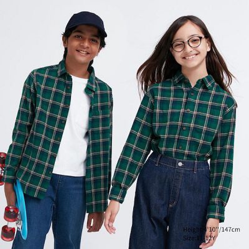 Camisas Uniqlo Flannel Checked Long-Sleeve Niños Verde | 361745_PE