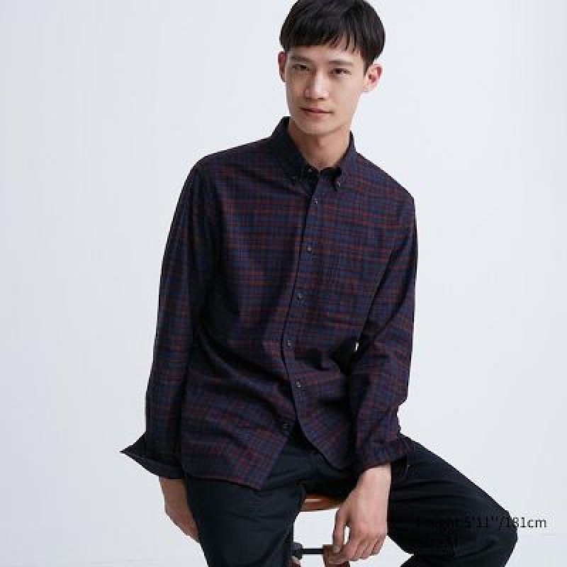 Camisas Uniqlo Flannel Checked Long Sleeve Hombre Wine | 827015_PE