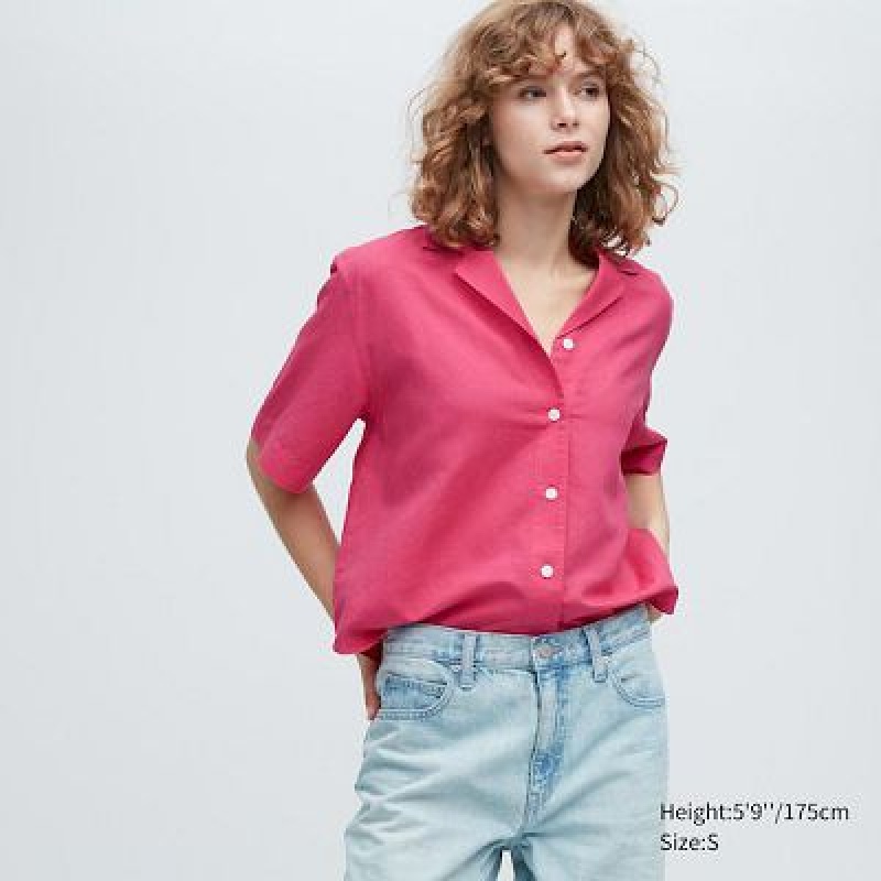 Camisas Uniqlo Linen Blend Open Collar Short-Sleeve Mujer Rosas | 823571_PE