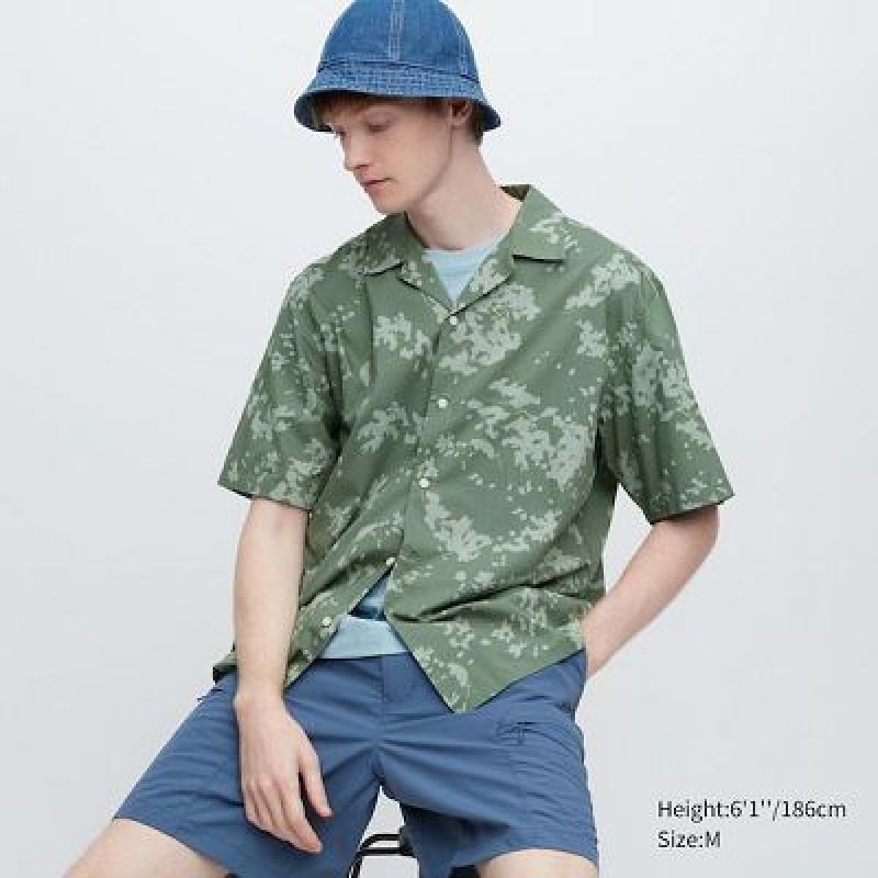 Camisas Uniqlo Open Collar Short-Sleeve Hombre Verde | 95867_PE