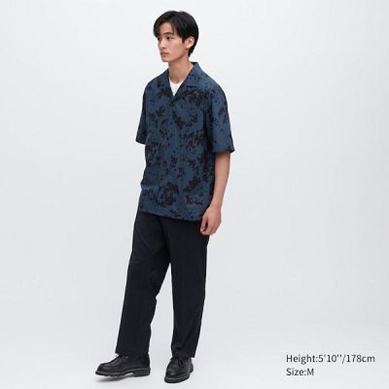 Camisas Uniqlo Open Collar Short-Sleeve Hombre Azules | 789510_PE