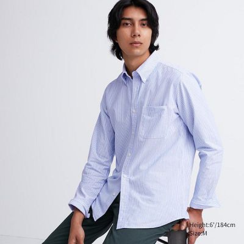 Camisas Uniqlo Oxford A Rayas Slim Fit Long-Sleeve Hombre Azules | 579384_PE