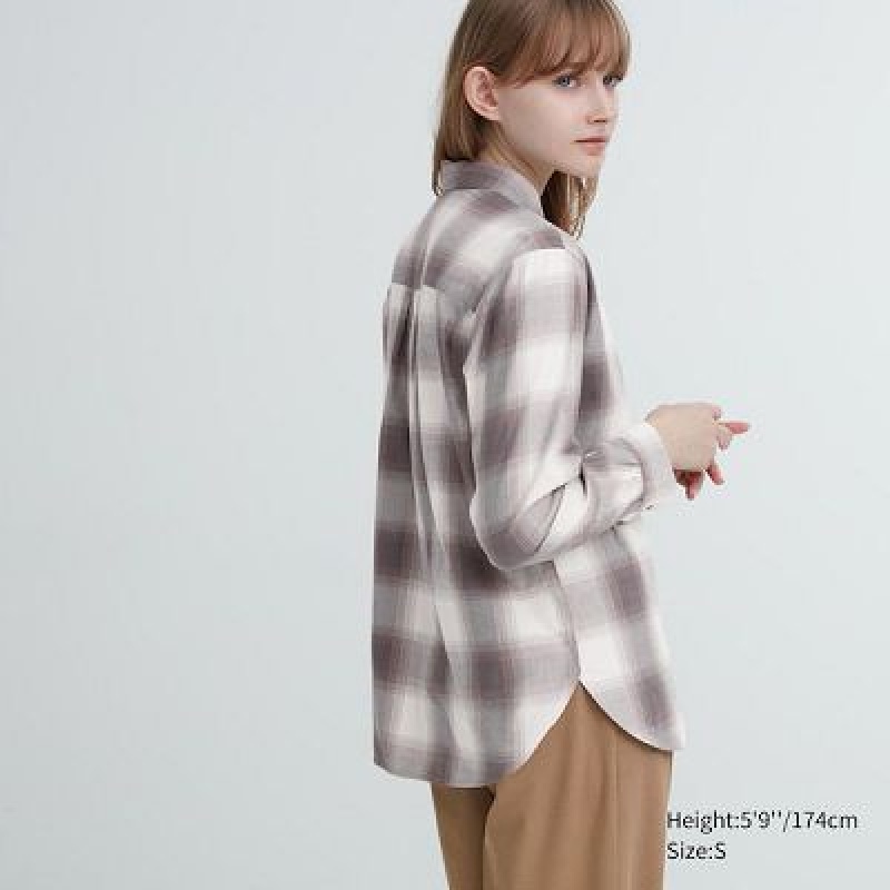 Camisas Uniqlo Soft Brushed Checked Long-Sleeve Mujer Gris | 91845_PE