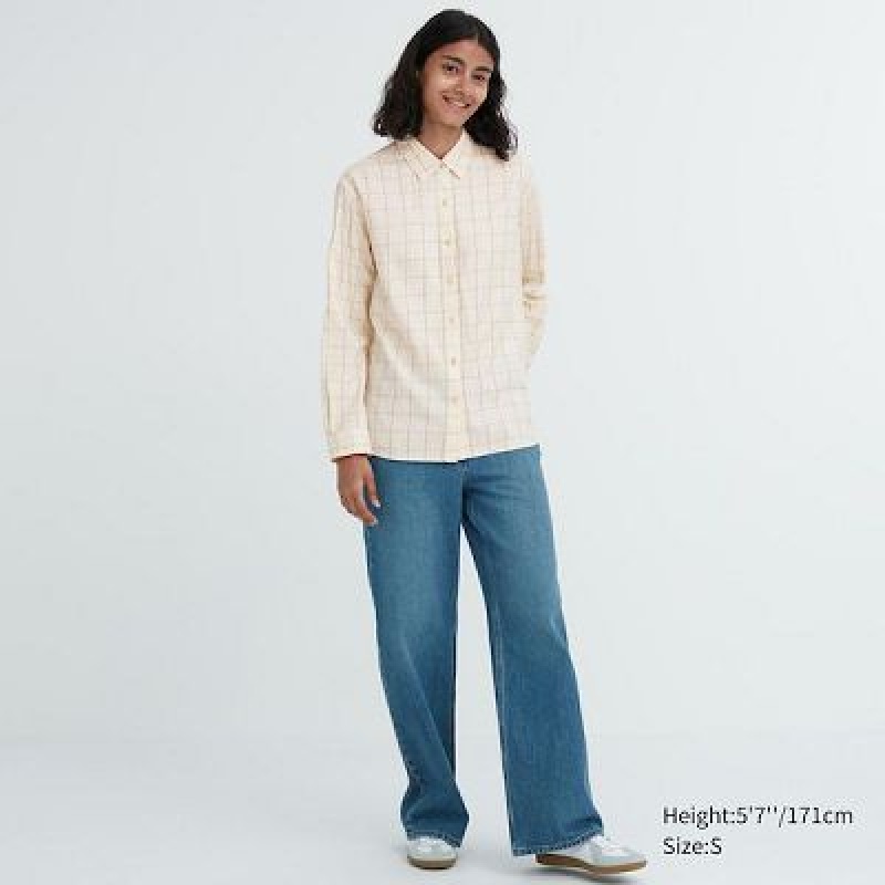 Camisas Uniqlo Soft Brushed Checked Long-Sleeve Mujer Blancas | 857104_PE