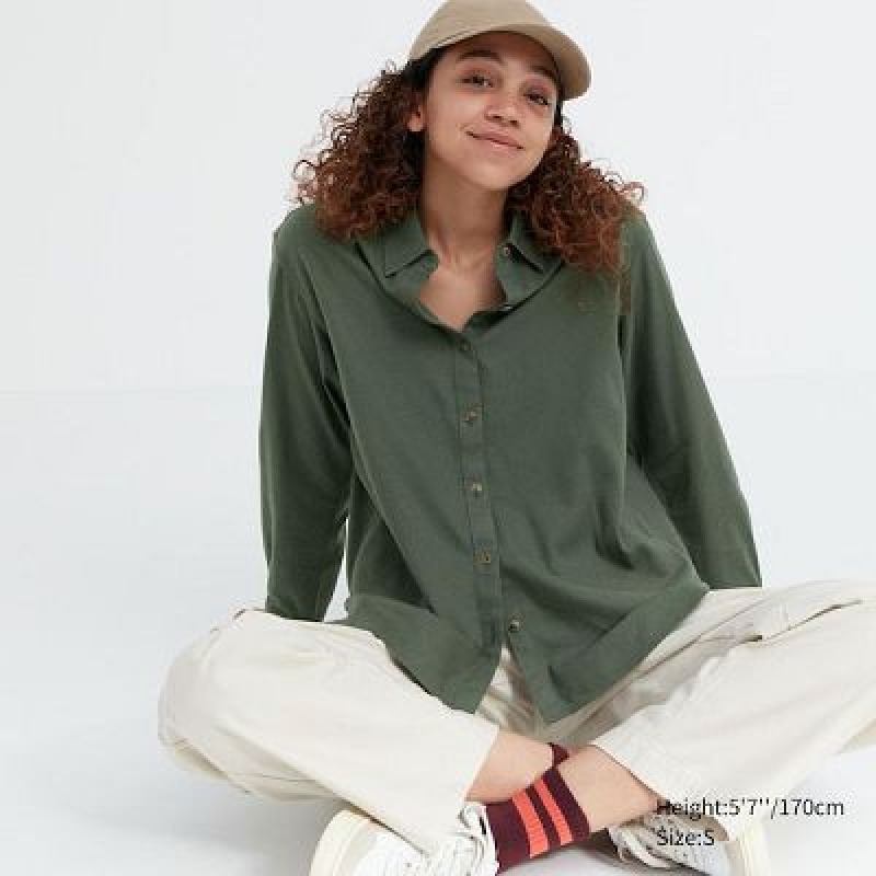 Camisas Uniqlo Soft Brushed Long-Sleeve Mujer Verde | 972834_PE