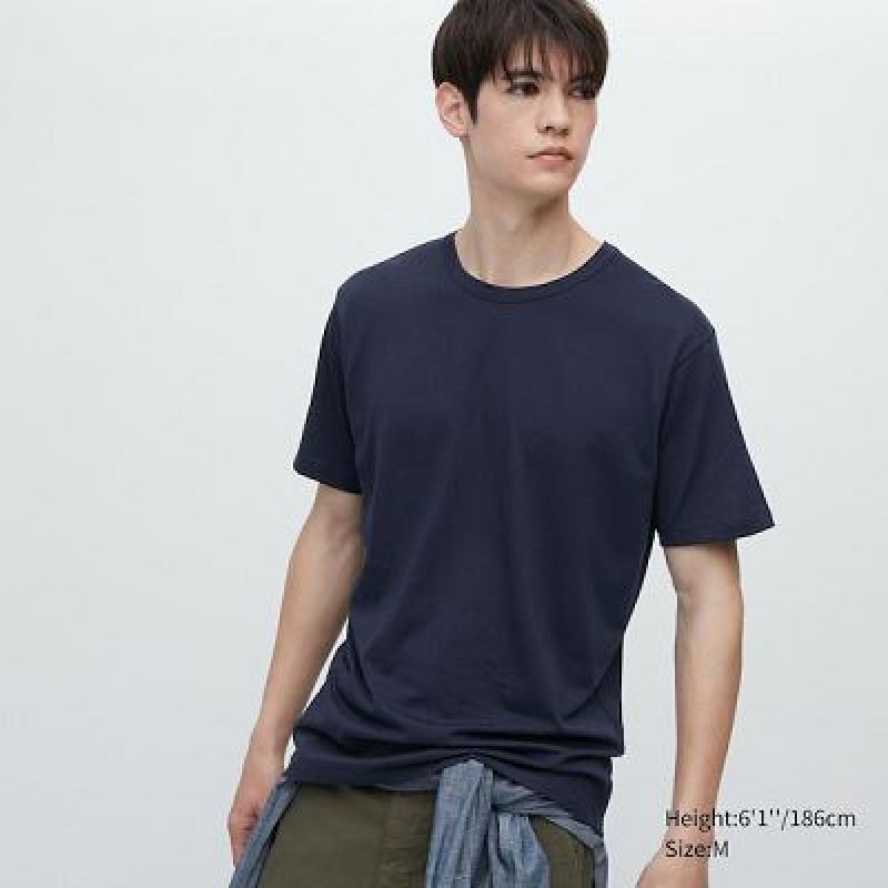 Camiseta Uniqlo AIRism Cotton Crew Neck Hombre Azul Marino | 274956_PE