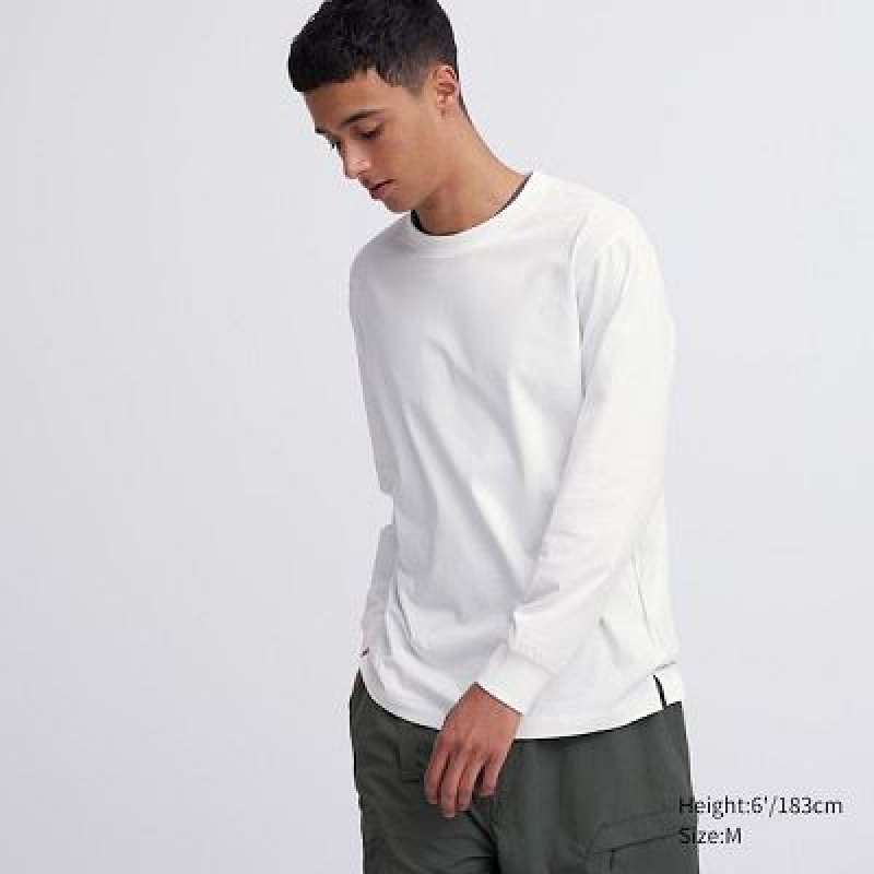 Camiseta Uniqlo AIRism Cotton UV Protection Crew Neck Long-Sleeve Hombre Blancas | 916405_PE