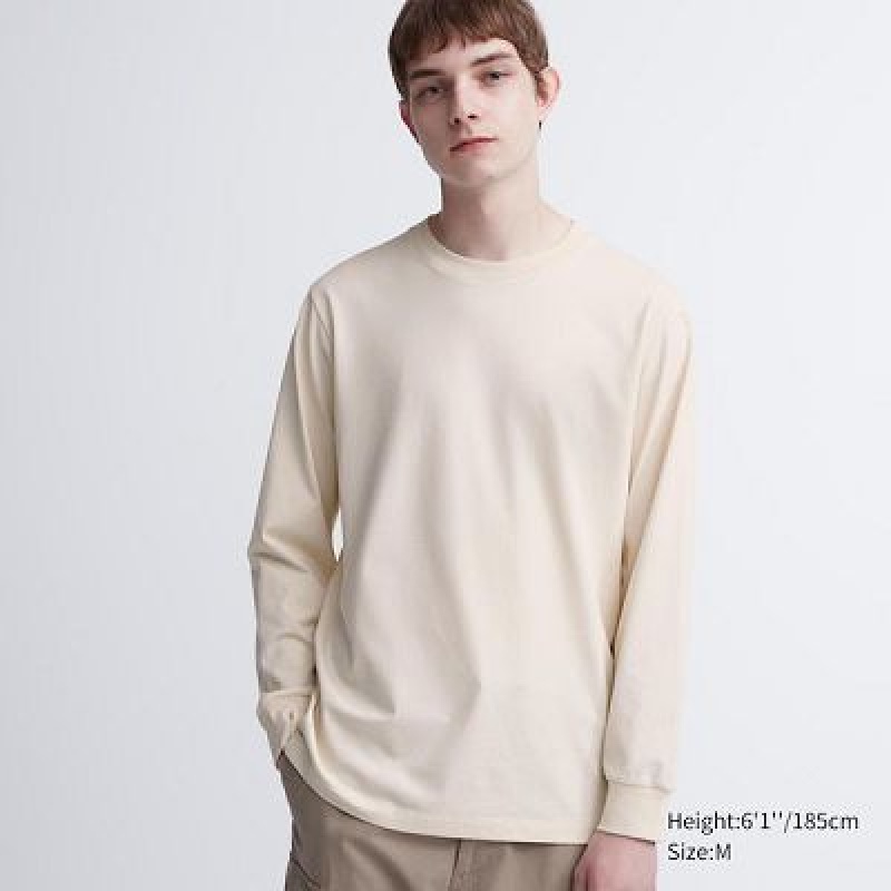 Camiseta Uniqlo AIRism Cotton UV Protection Crew Neck Long-Sleeve Hombre Beige | 270683_PE