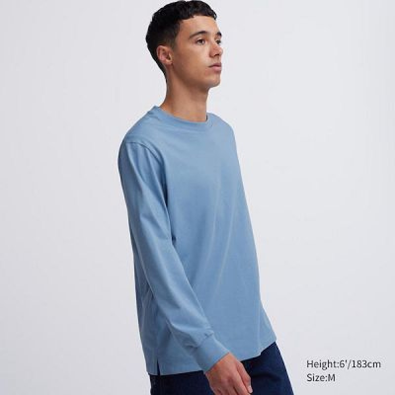 Camiseta Uniqlo AIRism Cotton UV Protection Crew Neck Long-Sleeve Hombre Azules | 51746_PE