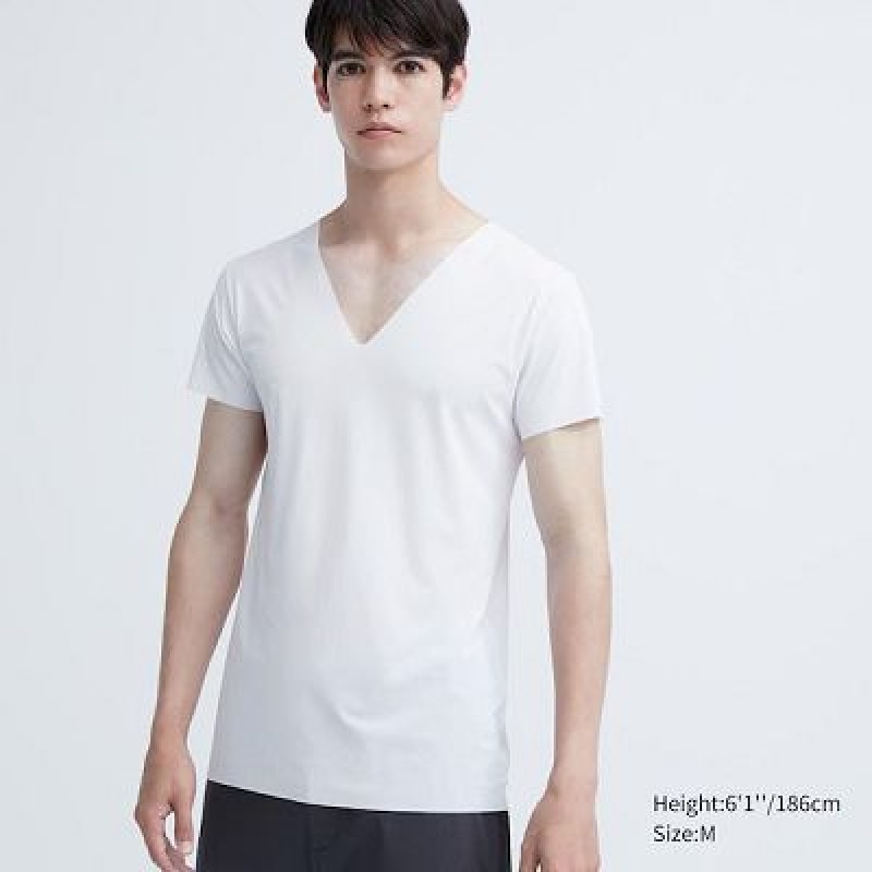 Camiseta Uniqlo AIRism Mesh Anti-Odor V-Neck Hombre Blancas | 581629_PE