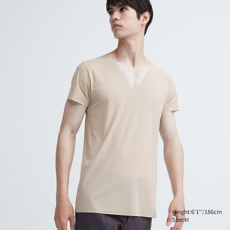 Camiseta Uniqlo AIRism Mesh Anti-Odor V-Neck Hombre Beige | 836524_PE