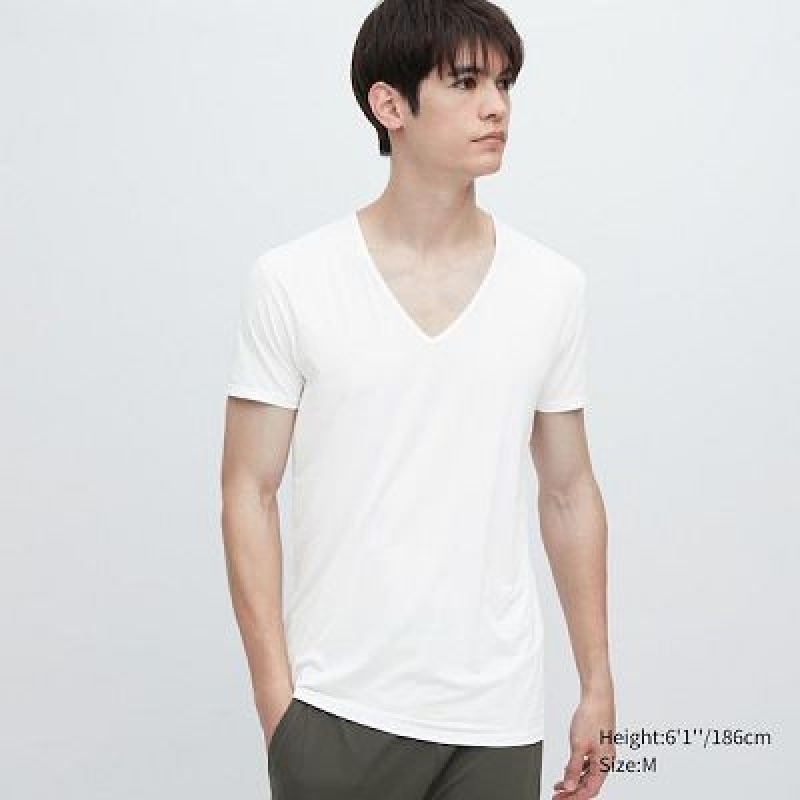 Camiseta Uniqlo AIRism V-Neck Short-Sleeve Hombre Blancas | 315294_PE