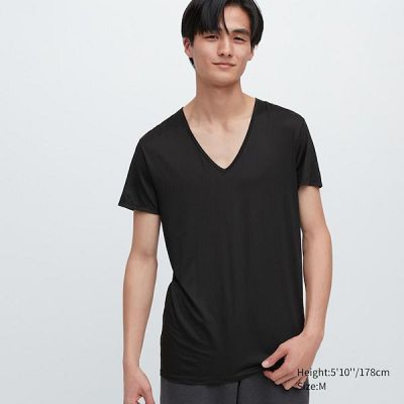 Camiseta Uniqlo AIRism V-Neck Short-Sleeve Hombre Negras | 802713_PE