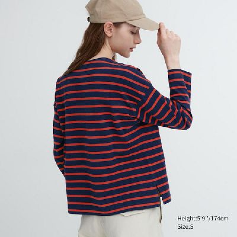 Camiseta Uniqlo A Rayas Long-Sleeve Mujer Marrones | 59486_PE