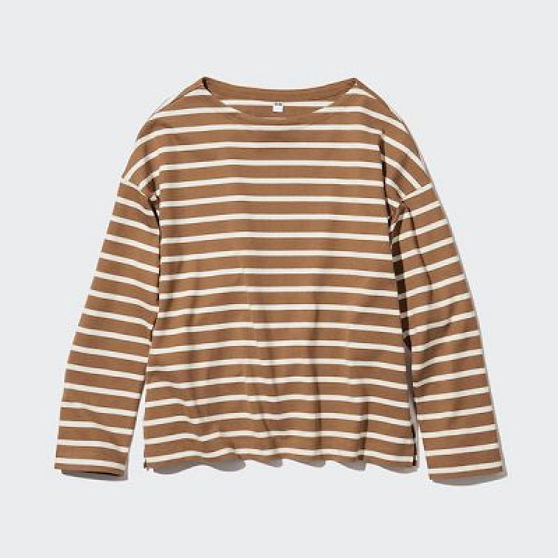 Camiseta Uniqlo A Rayas Long-Sleeve Mujer Marrones | 59486_PE