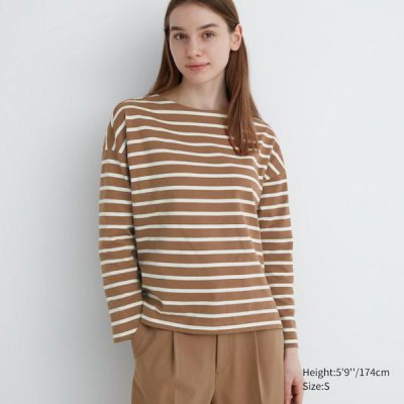 Camiseta Uniqlo A Rayas Long-Sleeve Mujer Marrones | 59486_PE