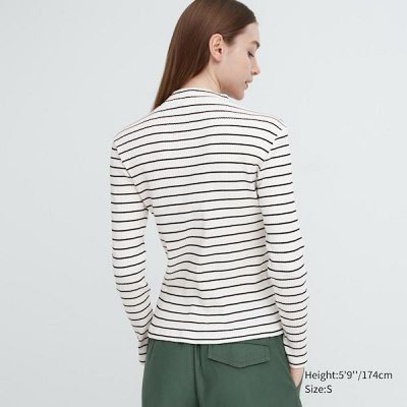 Camiseta Uniqlo Acanalado A Rayas High Neck Long-Sleeve Mujer Negras | 34586_PE