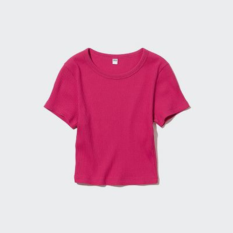 Camiseta Uniqlo Acanalado Crew Neck Short-Sleeve Cropped Mujer Rosas | 401829_PE