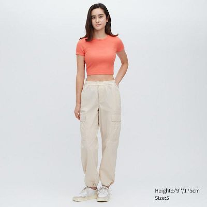 Camiseta Uniqlo Acanalado Crew Neck Short-Sleeve Cropped Mujer Naranjas | 409267_PE