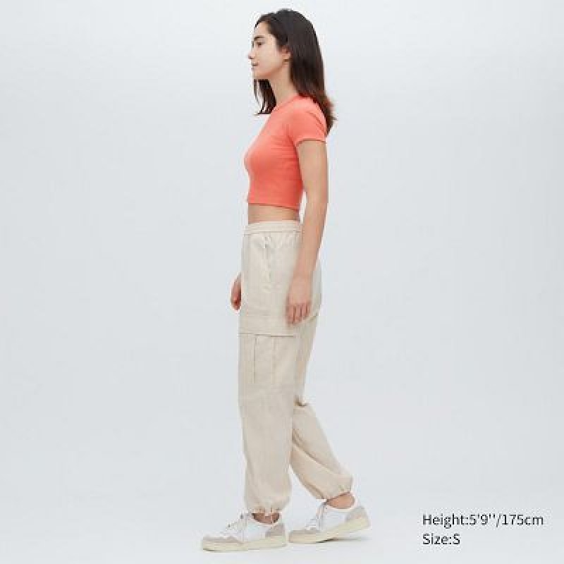 Camiseta Uniqlo Acanalado Crew Neck Short-Sleeve Cropped Mujer Naranjas | 409267_PE