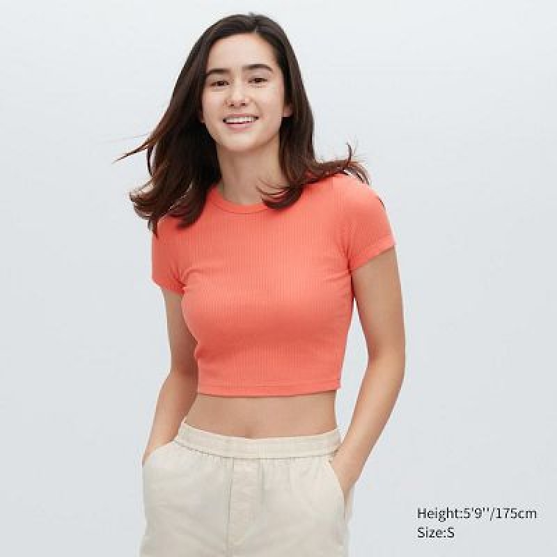 Camiseta Uniqlo Acanalado Crew Neck Short-Sleeve Cropped Mujer Naranjas | 409267_PE