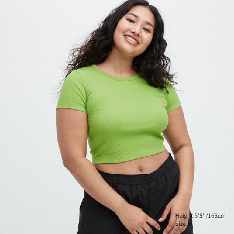 Camiseta Uniqlo Acanalado Crew Neck Short-Sleeve Cropped Mujer Verde | 420178_PE