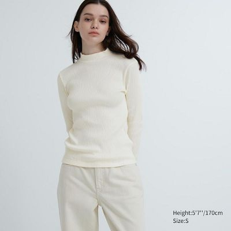 Camiseta Uniqlo Acanalado High Neck Long-Sleeve Mujer Blancas | 396172_PE