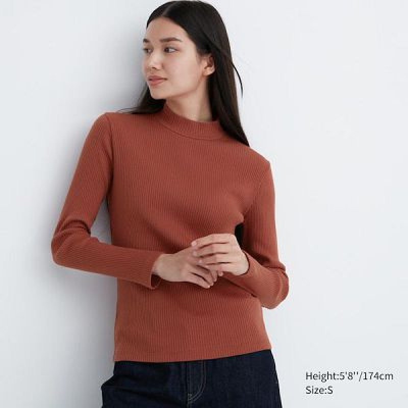 Camiseta Uniqlo Acanalado High Neck Long-Sleeve Mujer Naranjas | 235794_PE