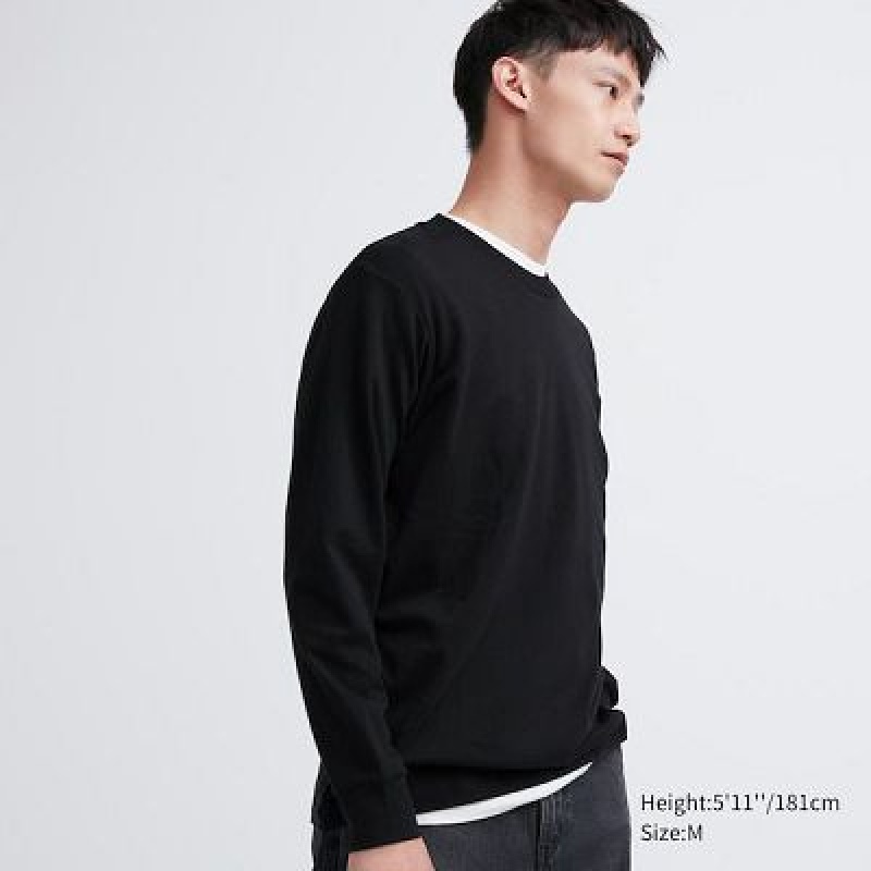 Camiseta Uniqlo Brushed Cotton Crew Neck Long-Sleeve Hombre Negras | 864079_PE