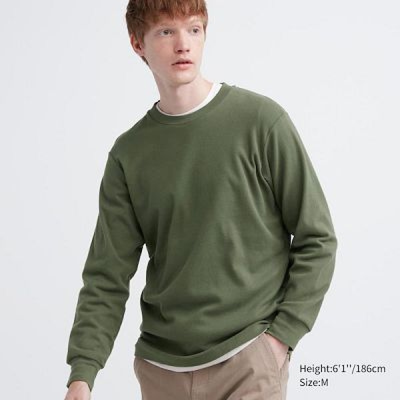 Camiseta Uniqlo Brushed Cotton Crew Neck Long-Sleeve Hombre Verde Oliva | 127540_PE