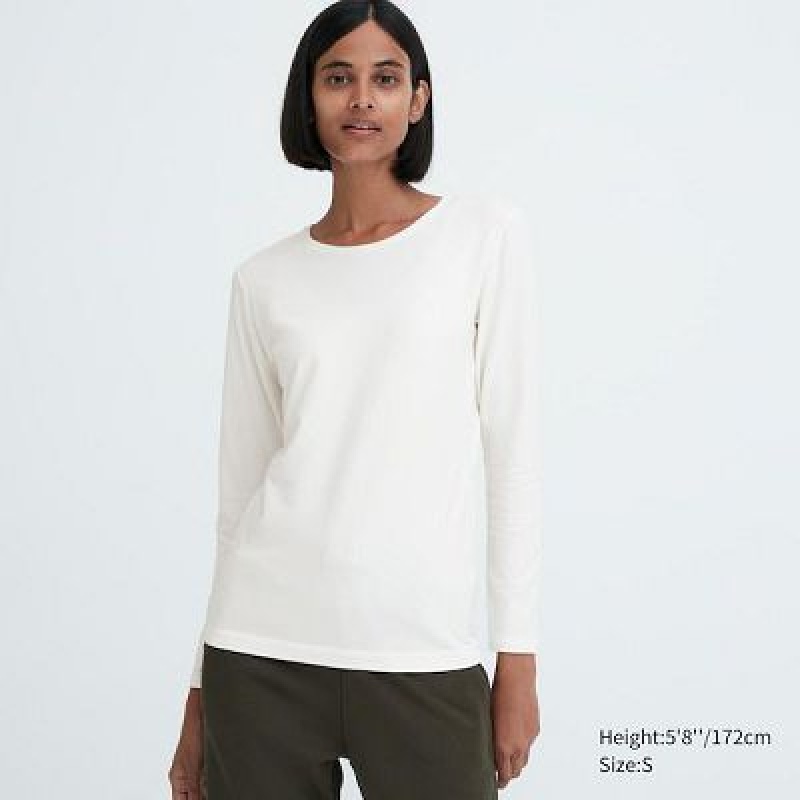 Camiseta Uniqlo HEATTECH Cotton Crew Neck Long-Sleeve Mujer Blancas | 546198_PE