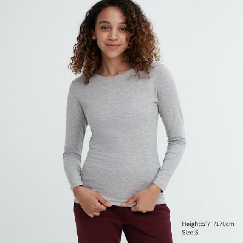 Camiseta Uniqlo HEATTECH Cotton Crew Neck Long-Sleeve Mujer Gris | 318492_PE