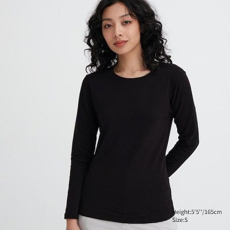 Camiseta Uniqlo HEATTECH Cotton Crew Neck Long-Sleeve Mujer Negras | 261358_PE