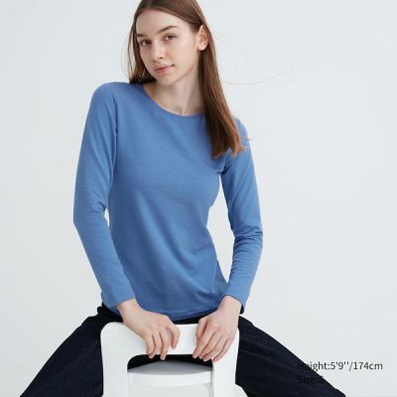 Camiseta Uniqlo HEATTECH Cotton Crew Neck Long-Sleeve Mujer Azules | 930856_PE