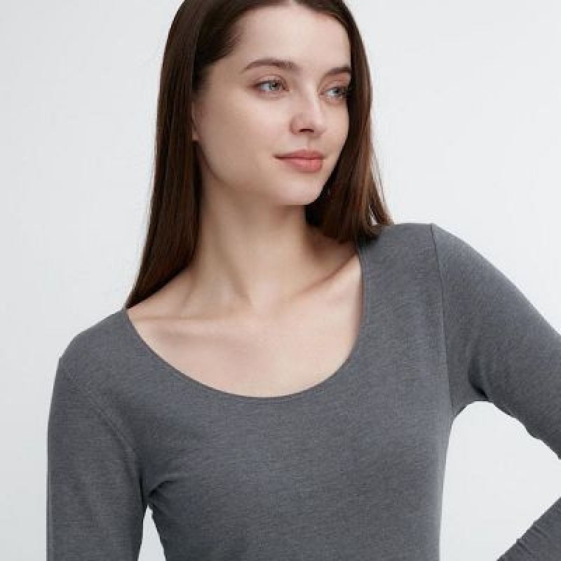 Camiseta Uniqlo HEATTECH Cotton Scoop Neck Long-Sleeve Mujer Gris | 830571_PE