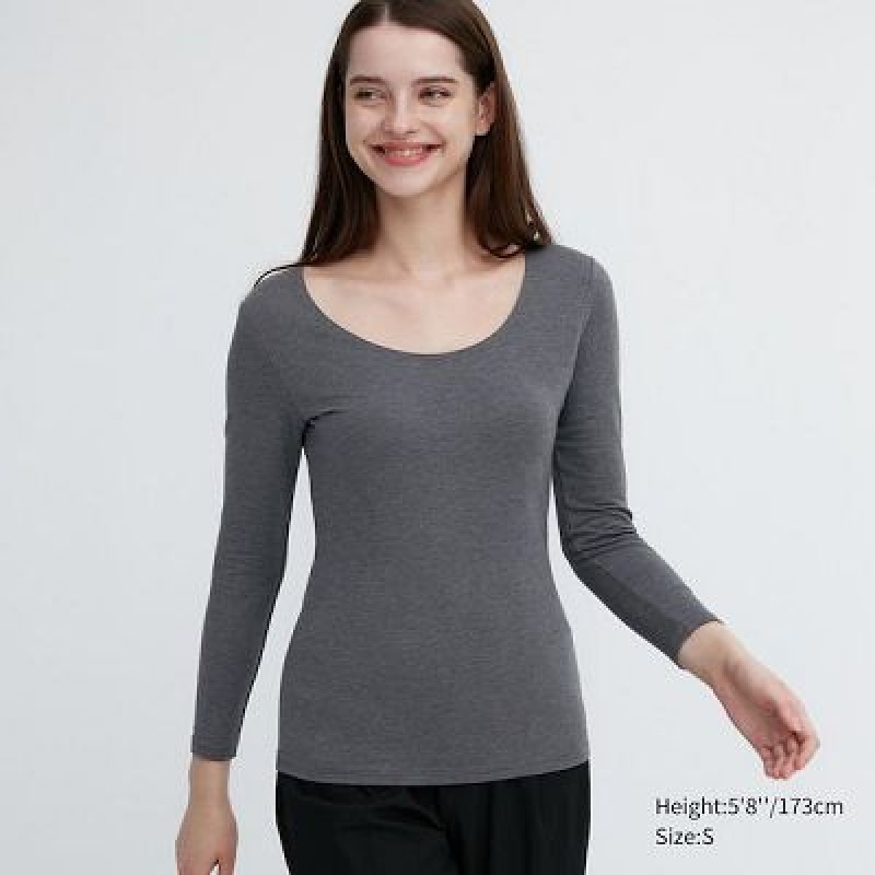 Camiseta Uniqlo HEATTECH Cotton Scoop Neck Long-Sleeve Mujer Gris | 751026_PE