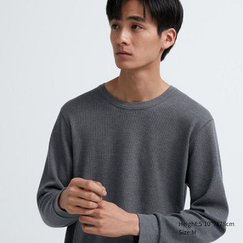 Camiseta Uniqlo HEATTECH Cotton Waffle Crew Neck Long-Sleeve Hombre Gris | 469538_PE