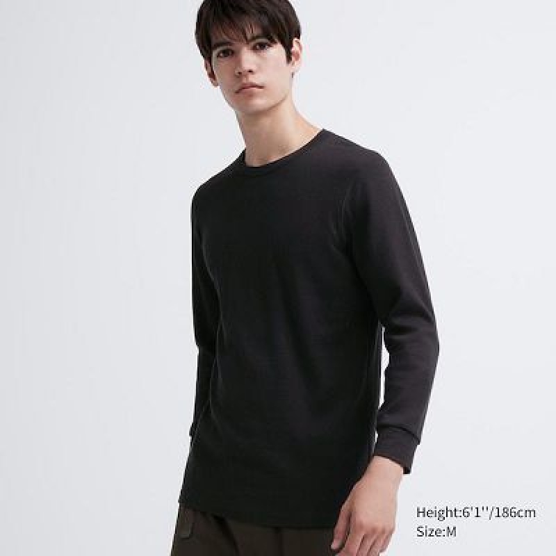 Camiseta Uniqlo HEATTECH Cotton Waffle Crew Neck Long-Sleeve Hombre Negras | 854216_PE