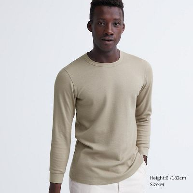 Camiseta Uniqlo HEATTECH Cotton Waffle Crew Neck Long-Sleeve Hombre Beige | 723590_PE