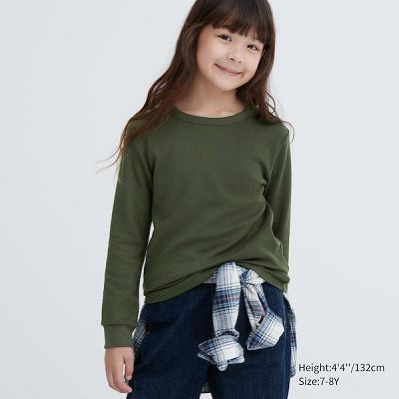 Camiseta Uniqlo HEATTECH Cotton Waffle Niños Verde Oliva | 243715_PE