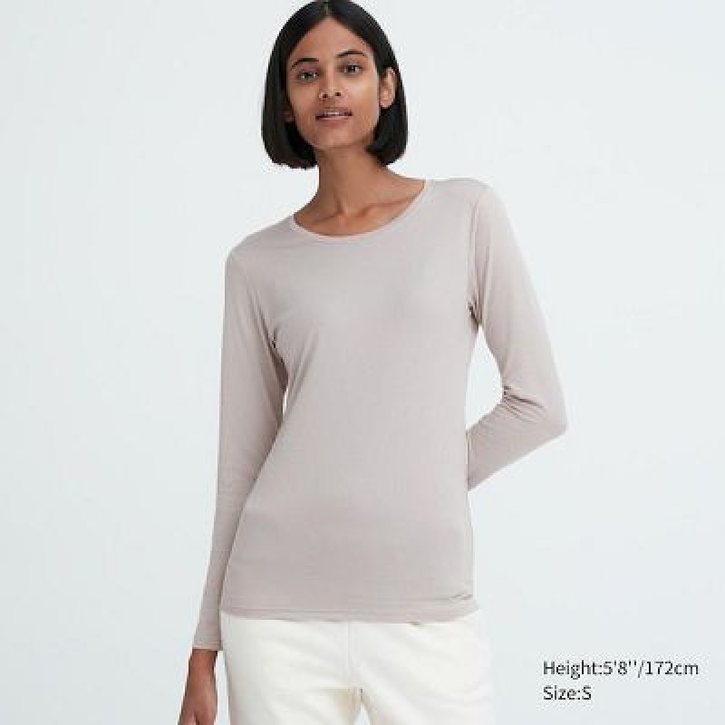 Camiseta Uniqlo HEATTECH Crew Neck Long-Sleeve Mujer Gris | 97816_PE