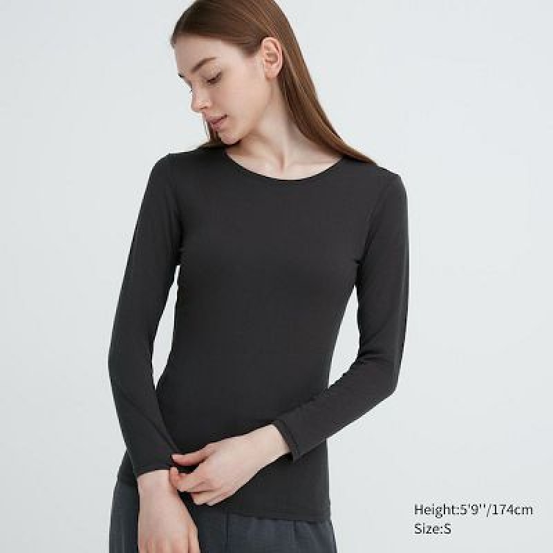 Camiseta Uniqlo HEATTECH Crew Neck Long-Sleeve Mujer Gris | 897620_PE