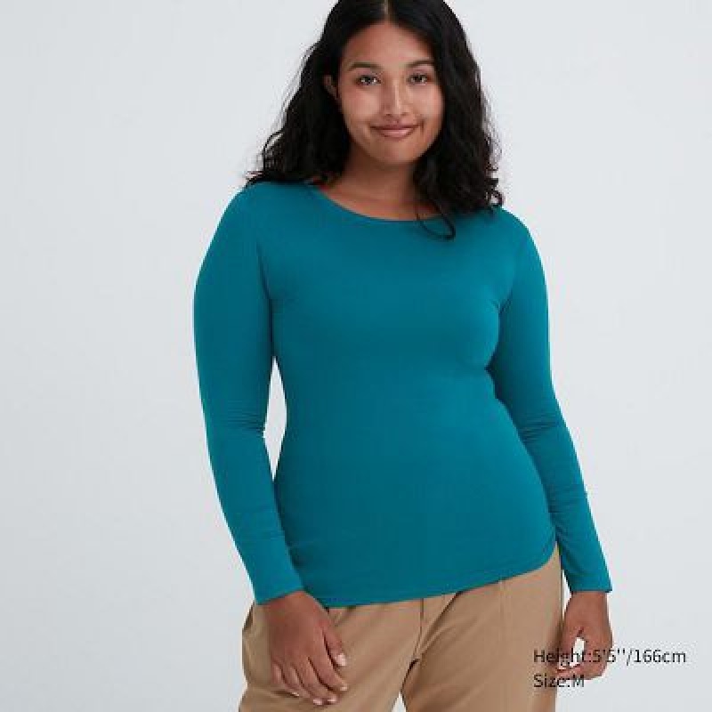 Camiseta Uniqlo HEATTECH Crew Neck Long-Sleeve Mujer Verde | 839216_PE